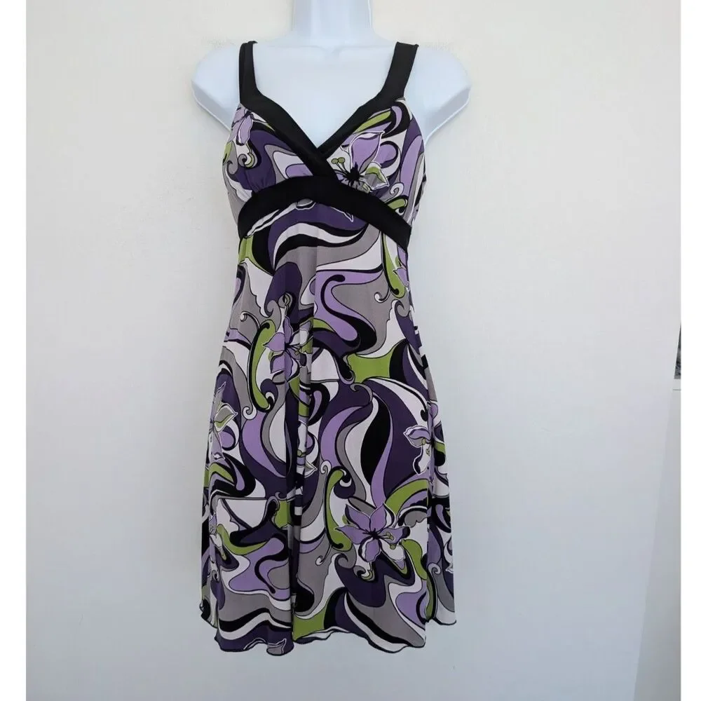 Y2K Abstract Floral Swirl Babydoll Sleeveless Jersey Stretch Dress Sz S